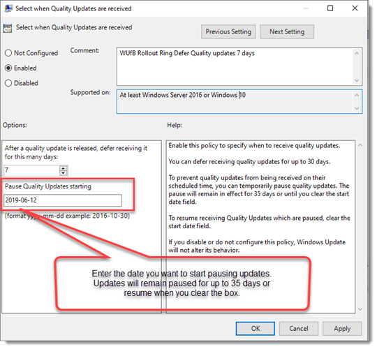 edit the GPOs of the Pilot and Rollout rings and pause the update 