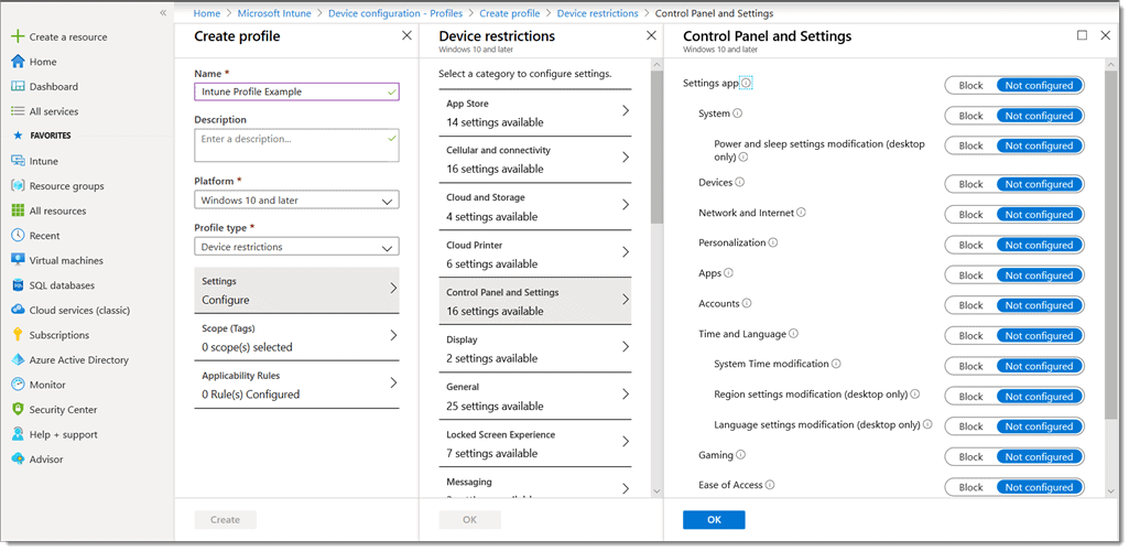 list of available windows csp settings to configure in Microsoft Intune