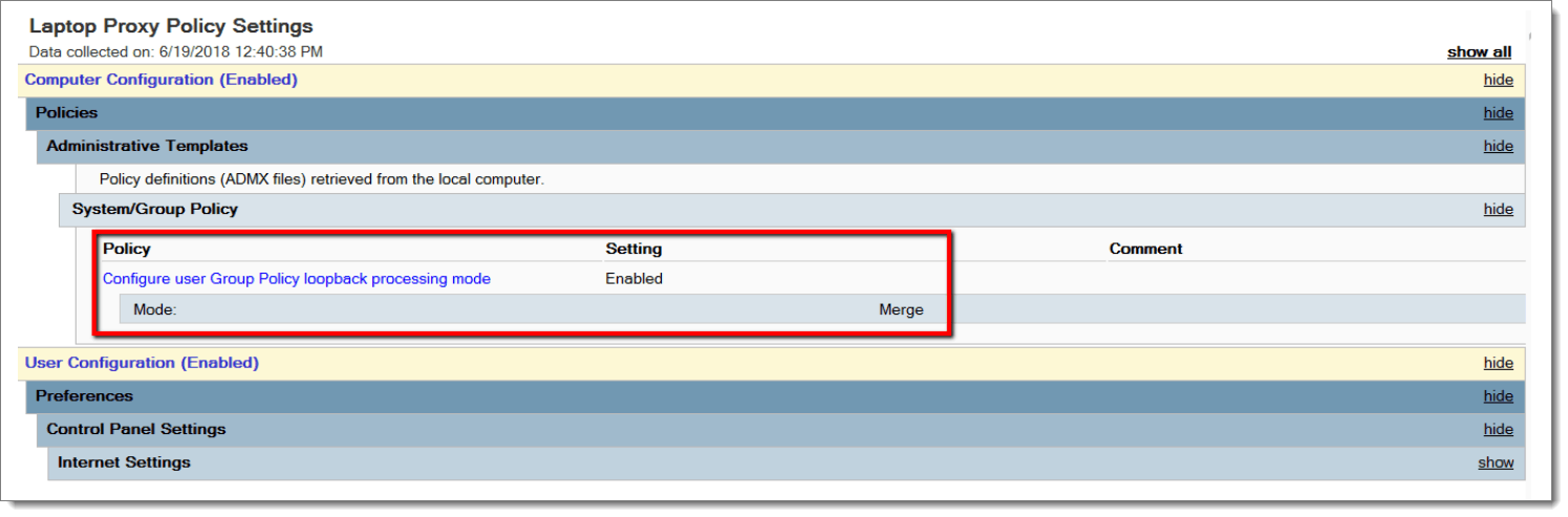 Resultant Set of Policy (RSOP) report indicating Group Policy Loopback is applied