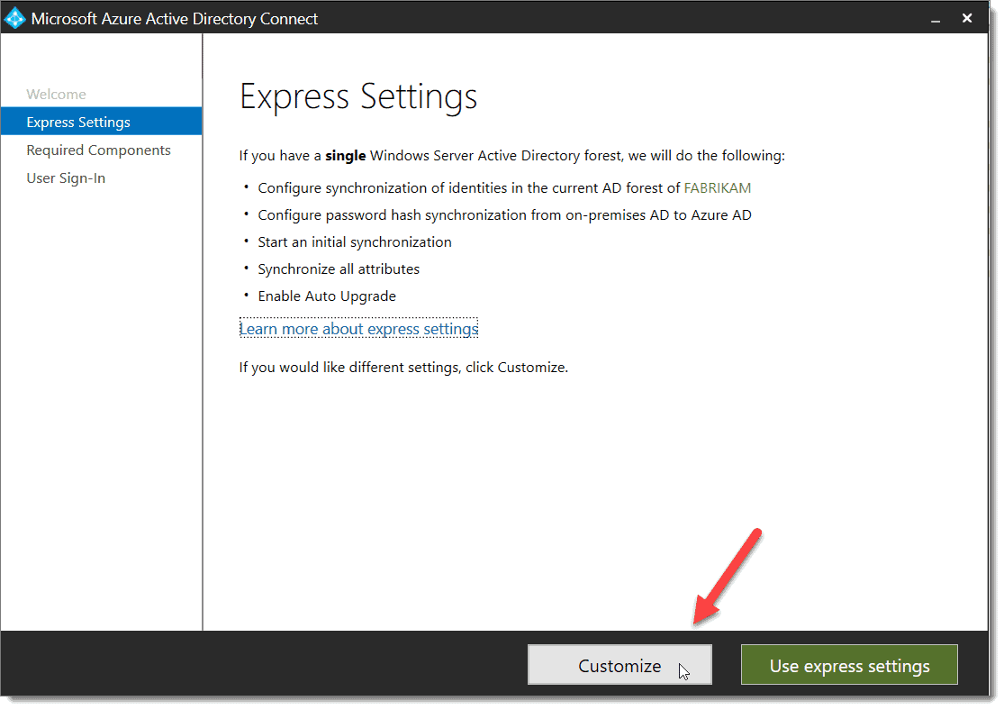 Azure AD Connect Express Settings