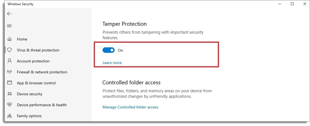 Windows Security Setting for Tamper Protection