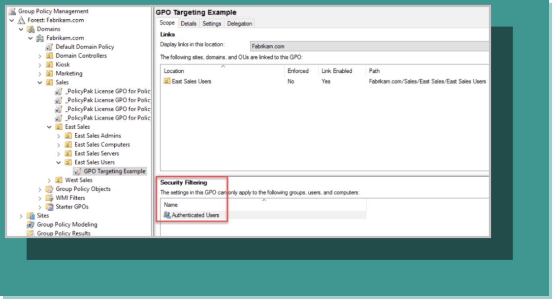 Item level targeting of a GPO to the OU "East Sales Users."