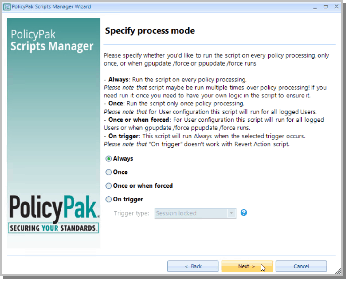 specify process mode script manager